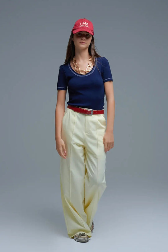 Short Sleeve sweater In navy With Silver Seam at Round Neck - NAVY / ONE - Sweaters