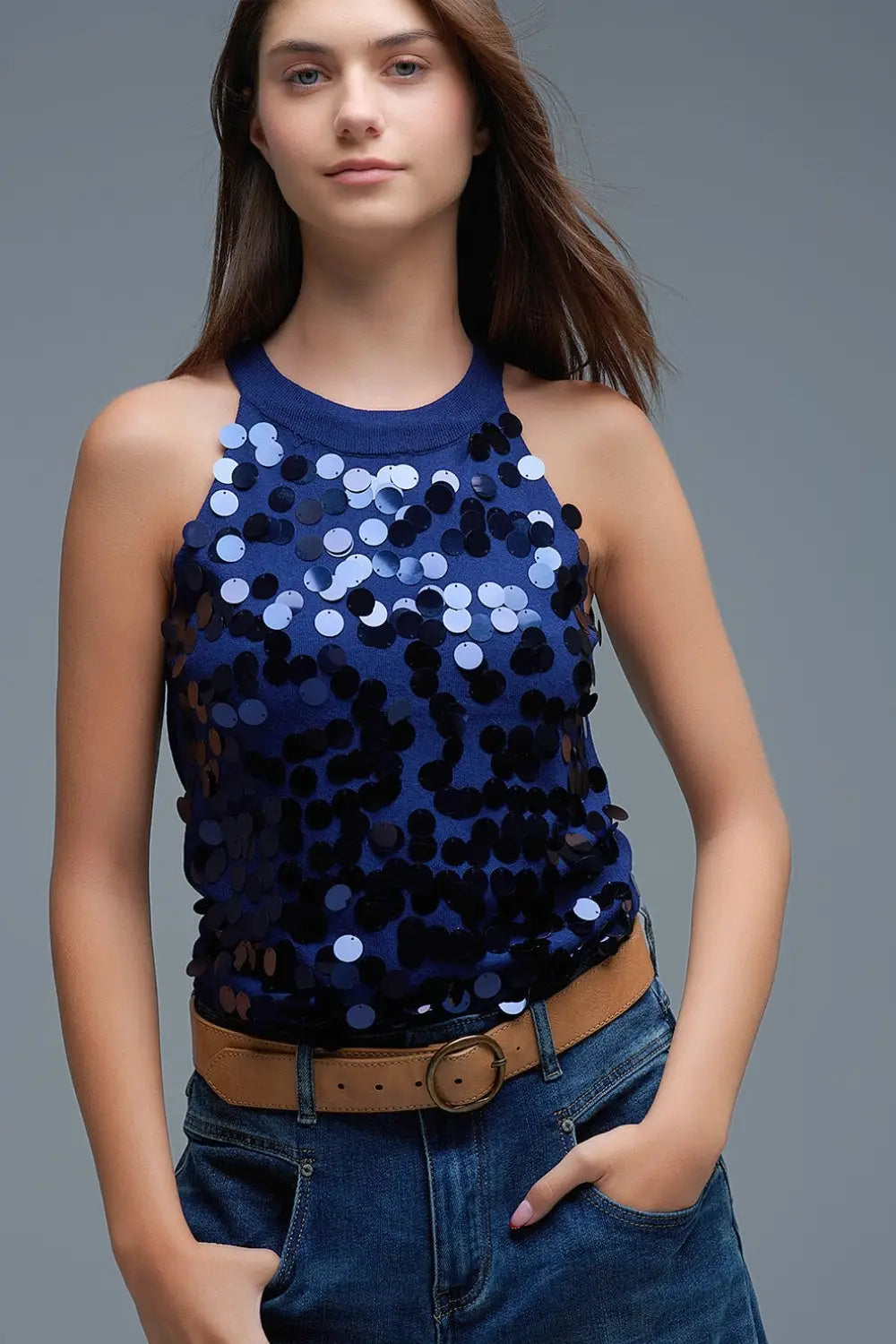 Navy knit top with sequin detail - NAVY / ONE - Sweaters