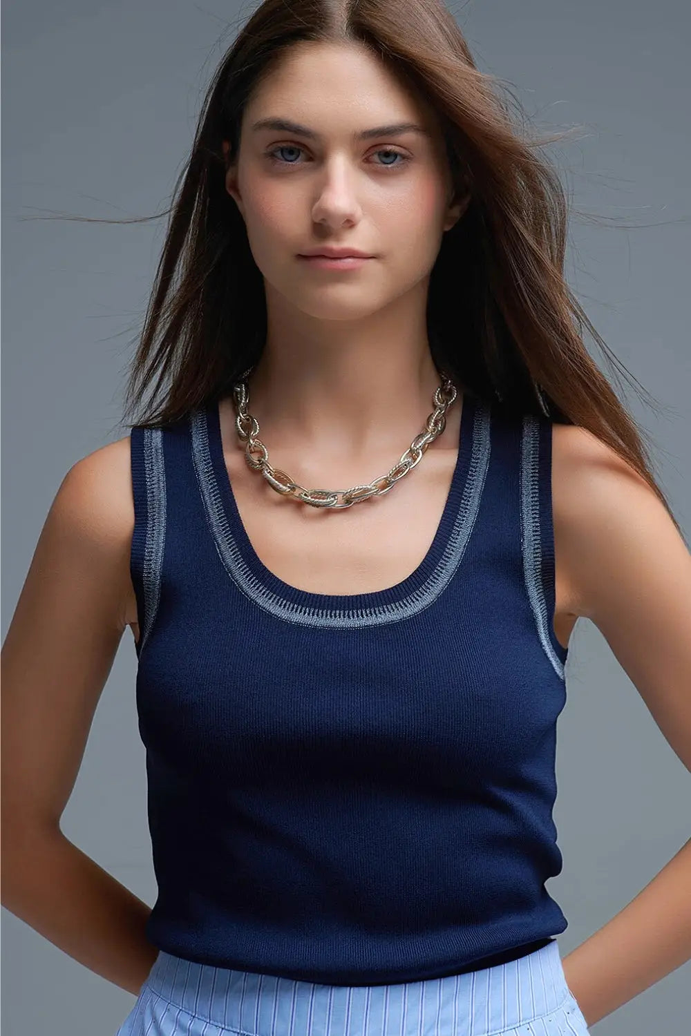 Navy Sleeveless Knit Top with Metallic Trim - NAVY / ONE - Sweaters