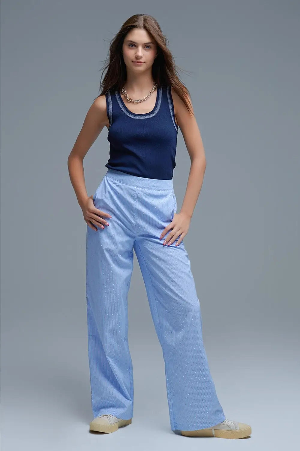 Navy Sleeveless Knit Top with Metallic Trim - NAVY / ONE - Sweaters