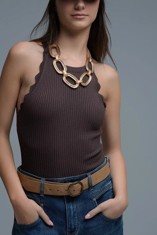 Ribbed Halter Top With Scalloped Finish in brown - BROWN / ONE - Tops
