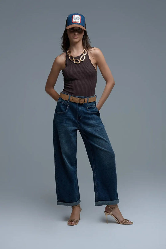 Ribbed Halter Top With Scalloped Finish in brown - BROWN / ONE - Tops