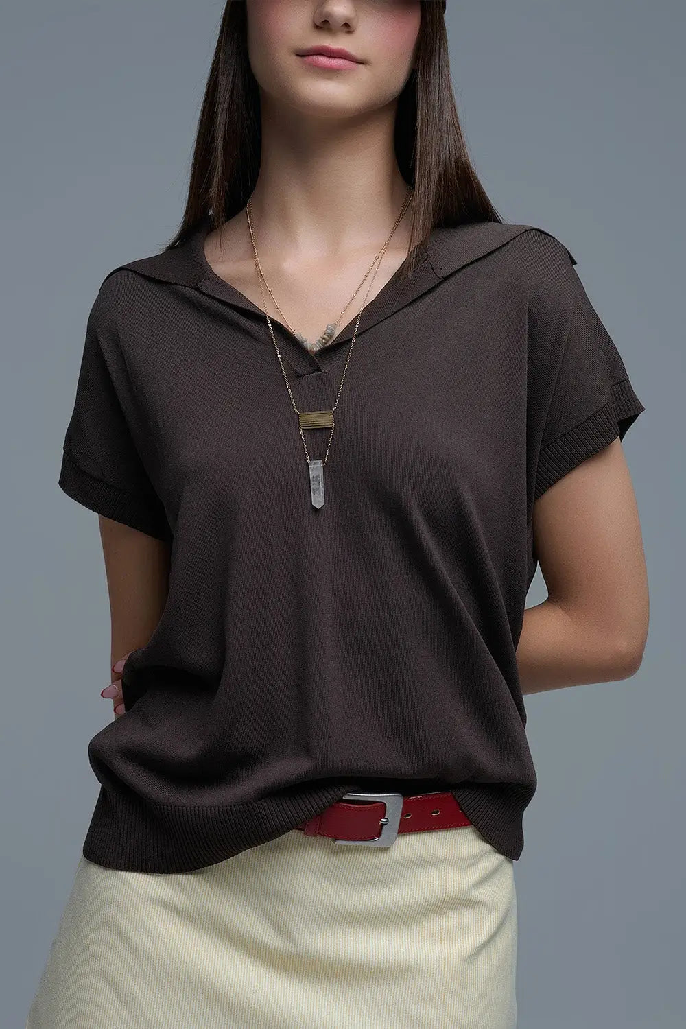 Fine Knit Polo-Style Short Sleeve Top in Brown - BROWN / ONE - Polos