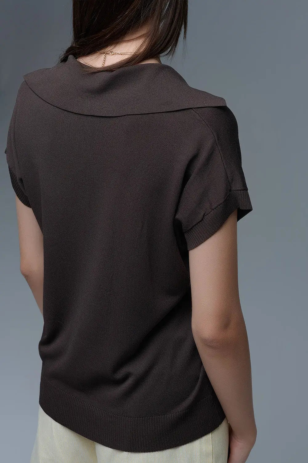 Fine Knit Polo-Style Short Sleeve Top in Brown - BROWN / ONE - Polos