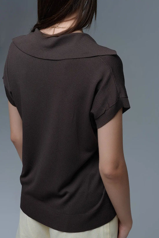 Fine Knit Polo-Style Short Sleeve Top in Brown - BROWN / ONE - Polos