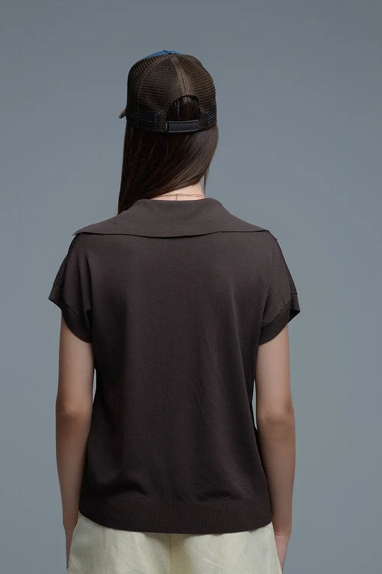 Fine Knit Polo-Style Short Sleeve Top in Brown - BROWN / ONE - Polos
