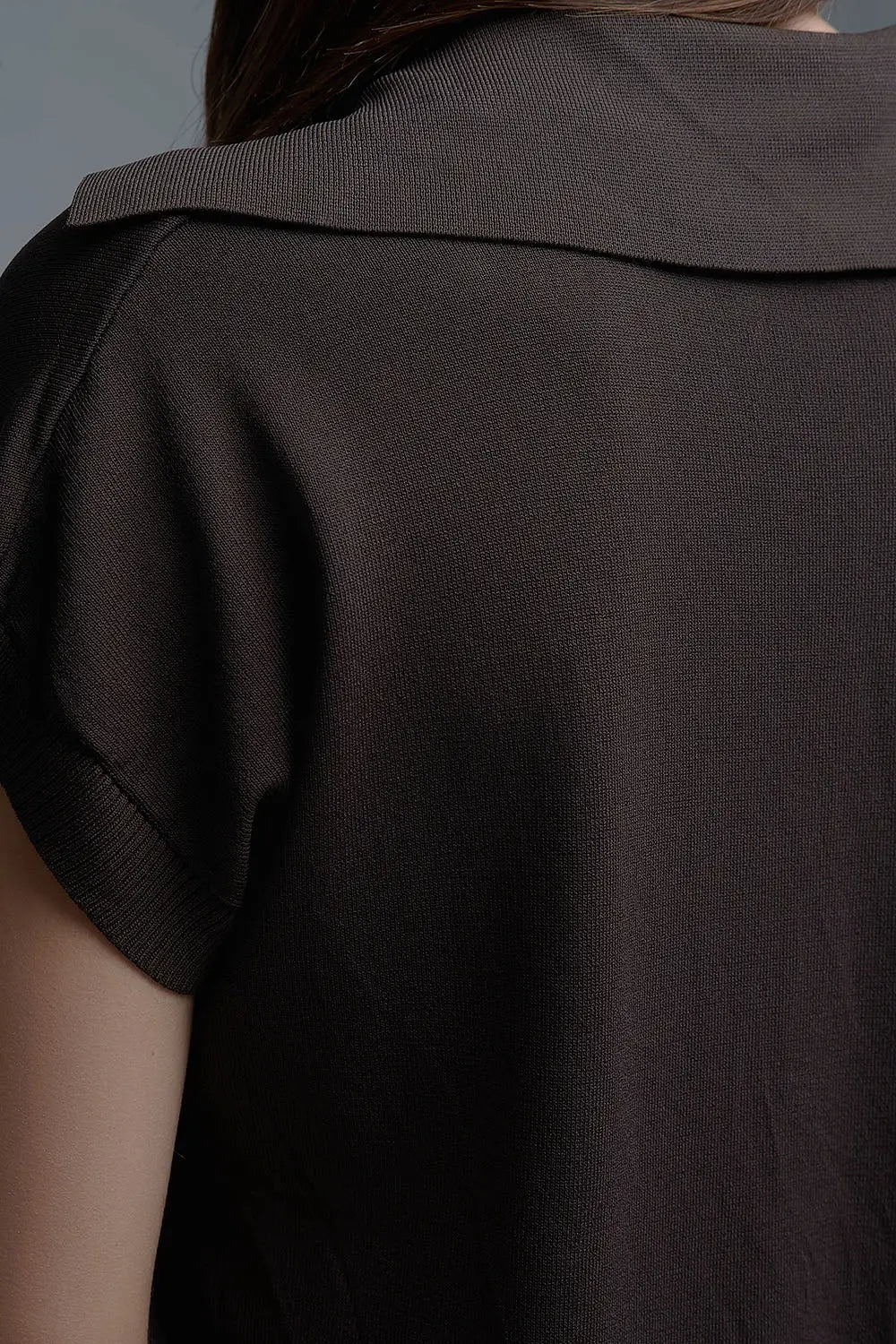 Fine Knit Polo-Style Short Sleeve Top in Brown - BROWN / ONE - Polos