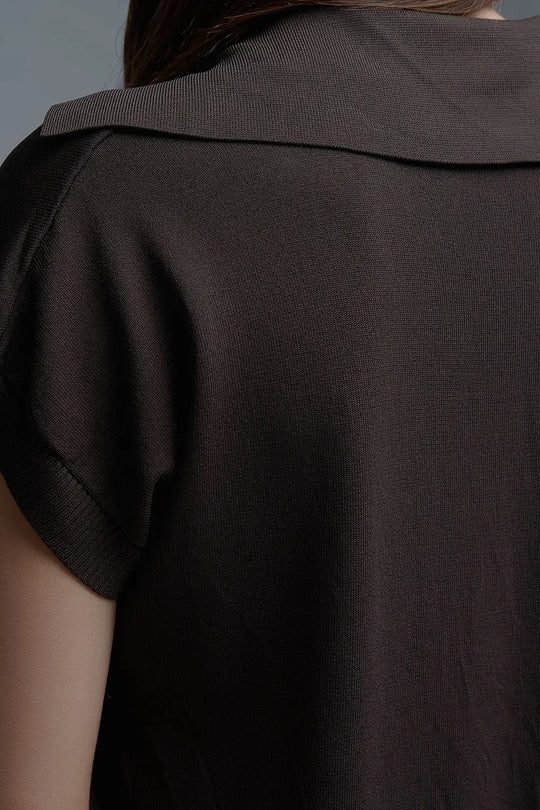 Fine Knit Polo-Style Short Sleeve Top in Brown - BROWN / ONE - Polos