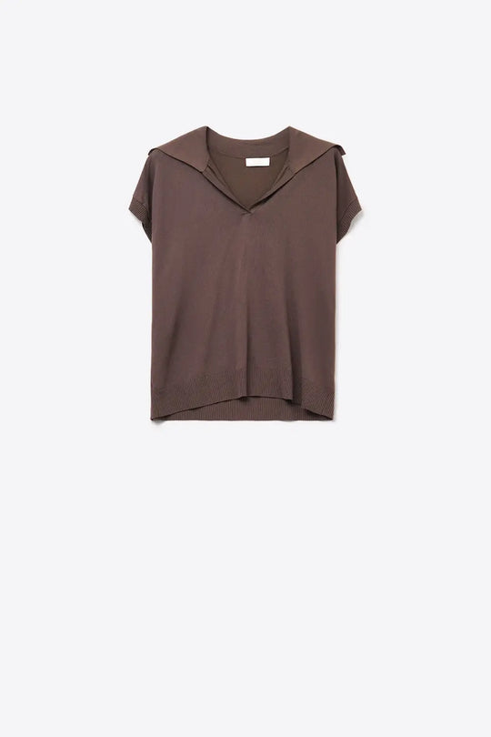 Fine Knit Polo-Style Short Sleeve Top in Brown - BROWN / ONE - Polos