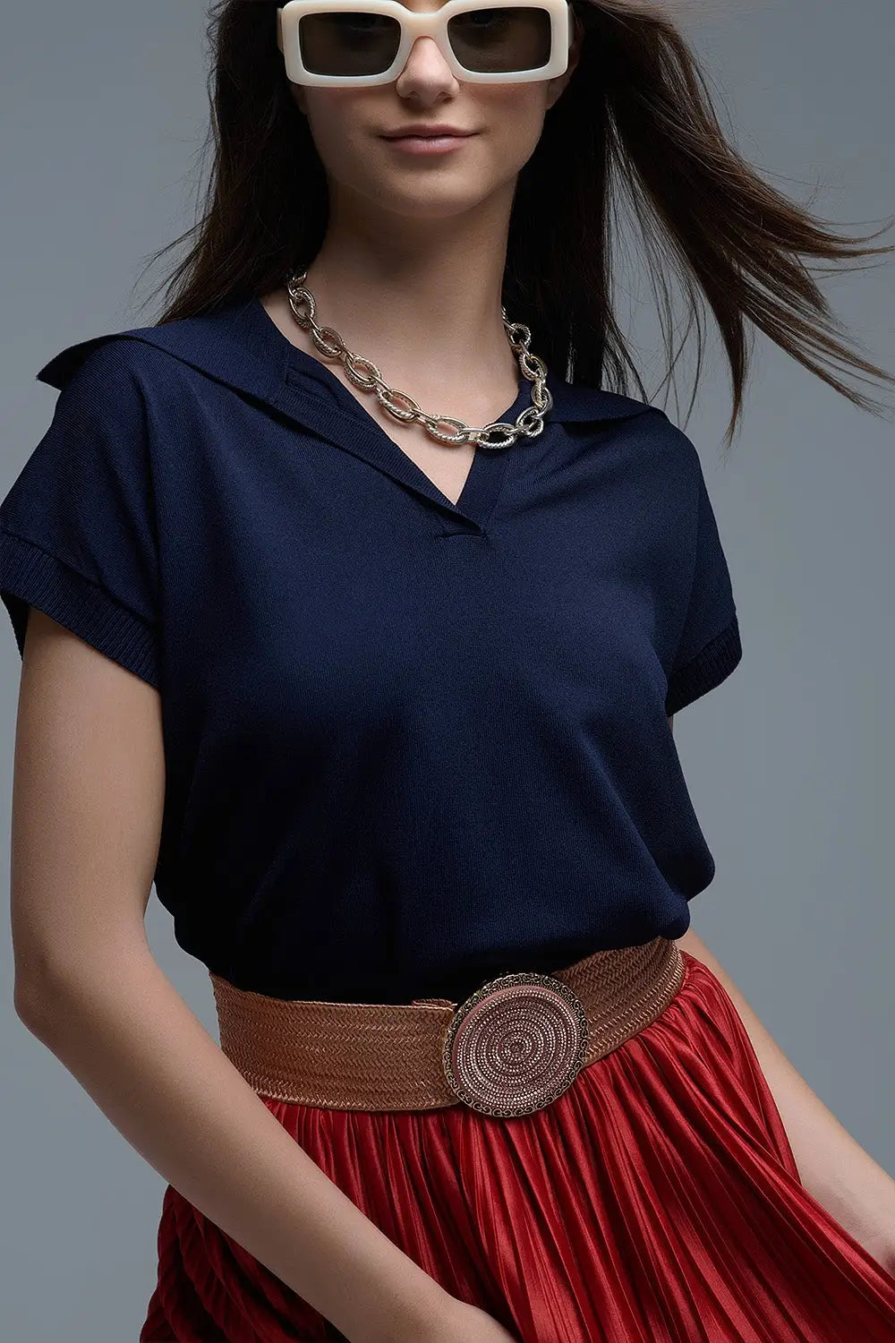 Fine Knit Polo-Style Short Sleeve Top in Navy - NAVY / ONE - Polos