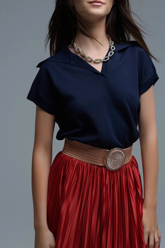 Fine Knit Polo-Style Short Sleeve Top in Navy - NAVY / ONE - Polos