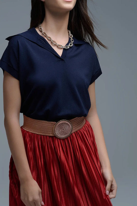 Fine Knit Polo-Style Short Sleeve Top in Navy - NAVY / ONE - Polos
