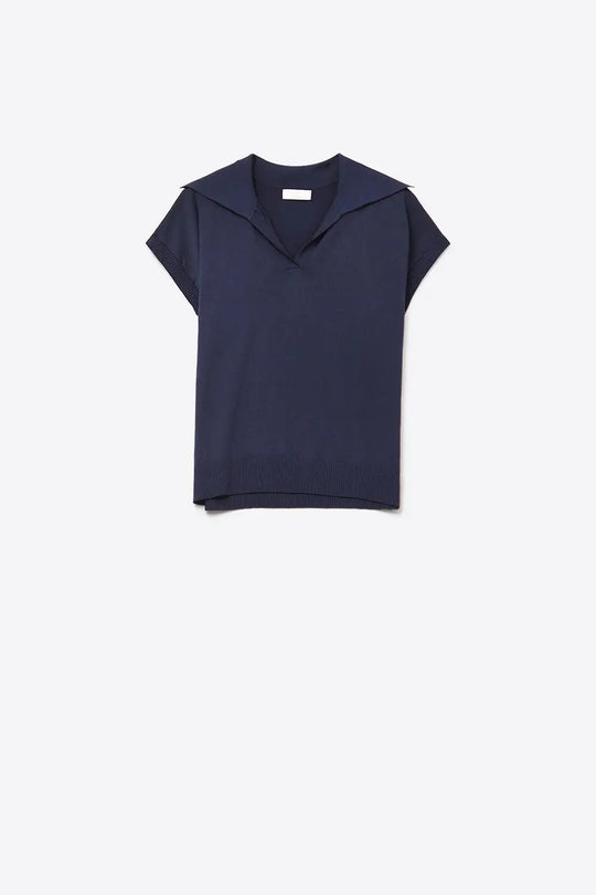 Fine Knit Polo-Style Short Sleeve Top in Navy - NAVY / ONE - Polos