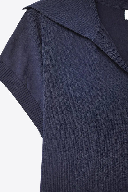 Fine Knit Polo-Style Short Sleeve Top in Navy - NAVY / ONE - Polos