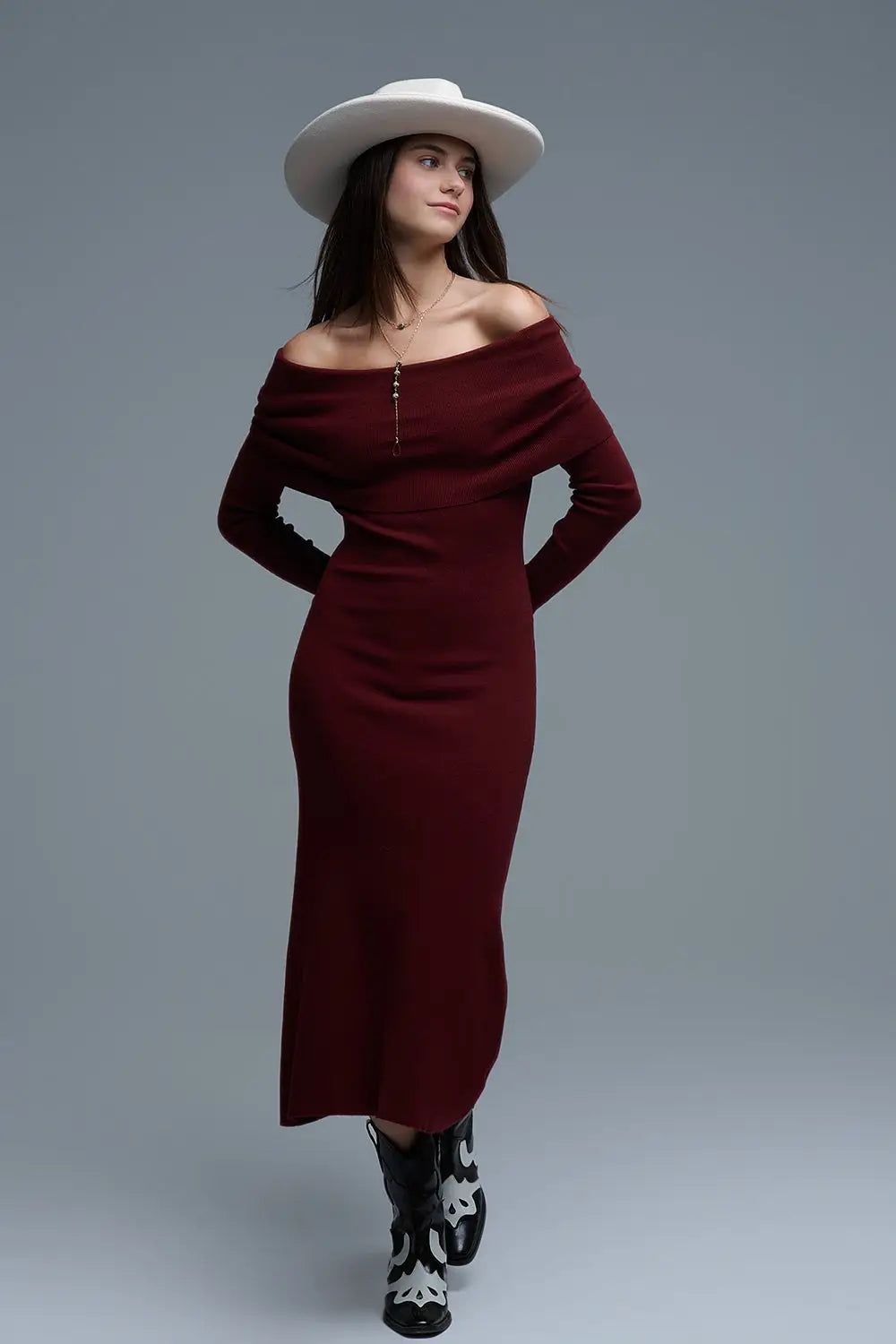 Maxi Knitted wide Bardot Dress in burgundy - RED / ONE - Dresses