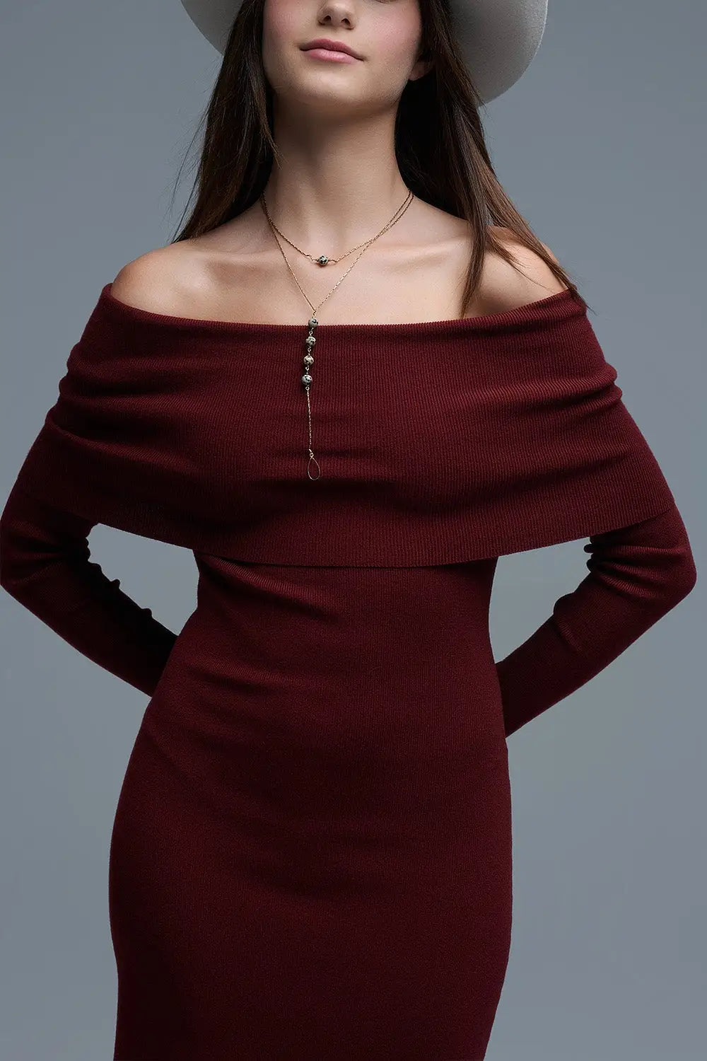 Maxi Knitted wide Bardot Dress in burgundy - RED / ONE - Dresses