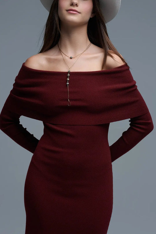 Maxi Knitted wide Bardot Dress in burgundy - RED / ONE - Dresses