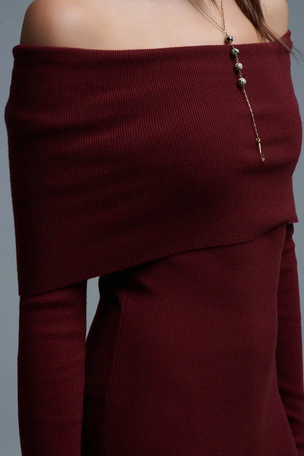 Maxi Knitted wide Bardot Dress in burgundy - RED / ONE - Dresses