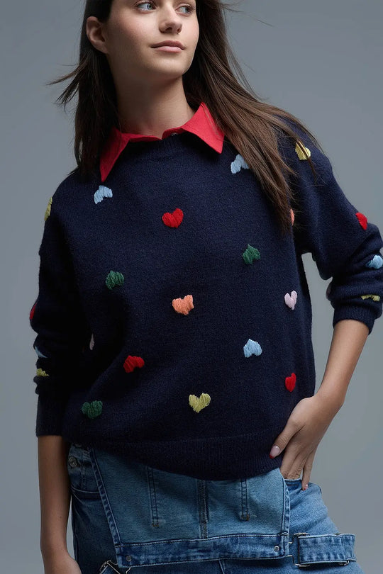Navy Crew neck Sweater With Multicolor Embroidered Hearts - NAVY / ONE - Sweaters