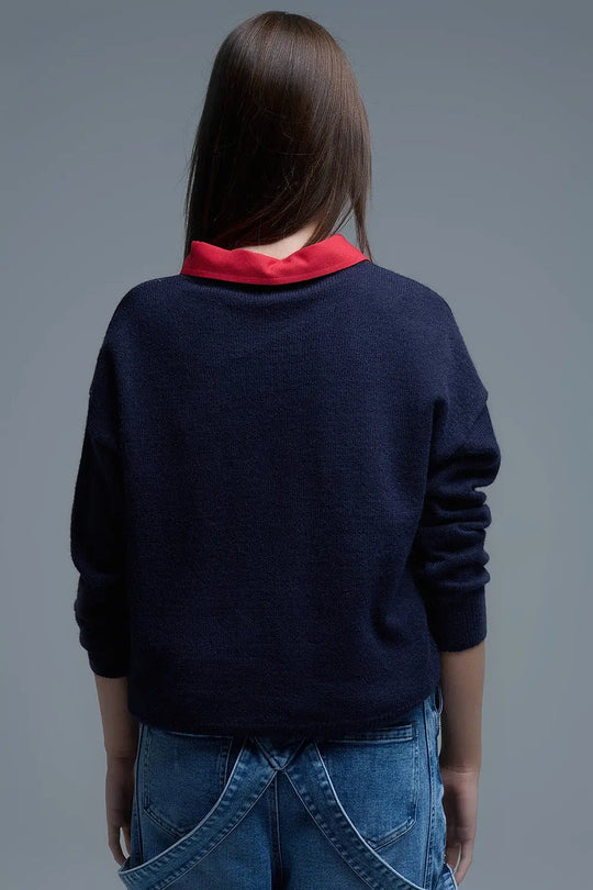 Navy Crew neck Sweater With Multicolor Embroidered Hearts - NAVY / ONE - Sweaters