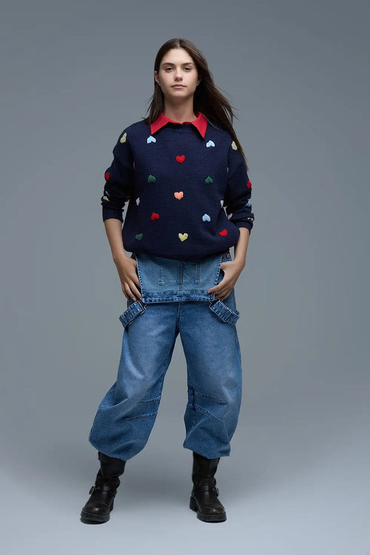 Navy Crew neck Sweater With Multicolor Embroidered Hearts - NAVY / ONE - Sweaters