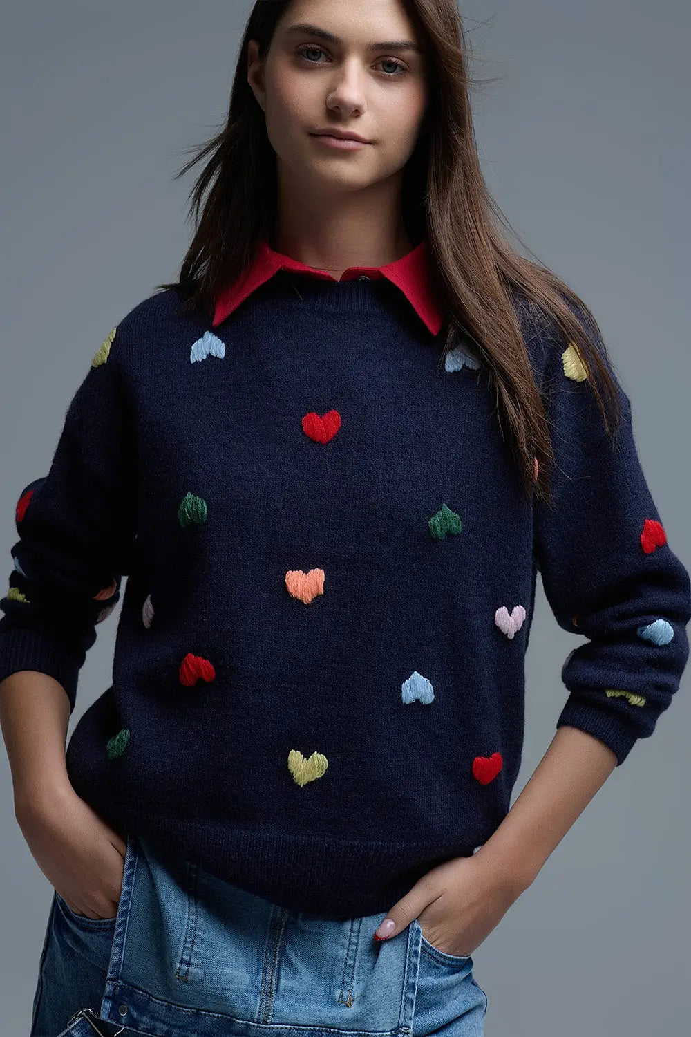 Navy Crew neck Sweater With Multicolor Embroidered Hearts - NAVY / ONE - Sweaters