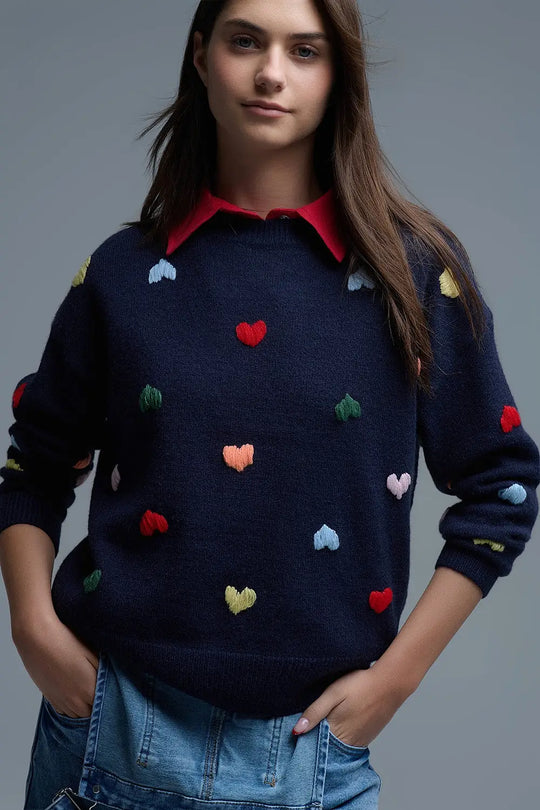 Navy Crew neck Sweater With Multicolor Embroidered Hearts - NAVY / ONE - Sweaters