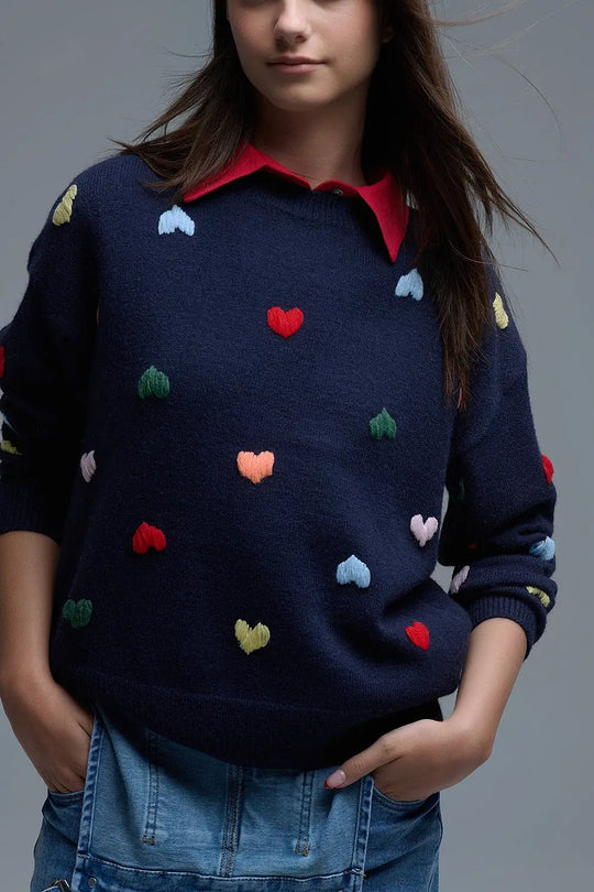 Navy Crew neck Sweater With Multicolor Embroidered Hearts - NAVY / ONE - Sweaters
