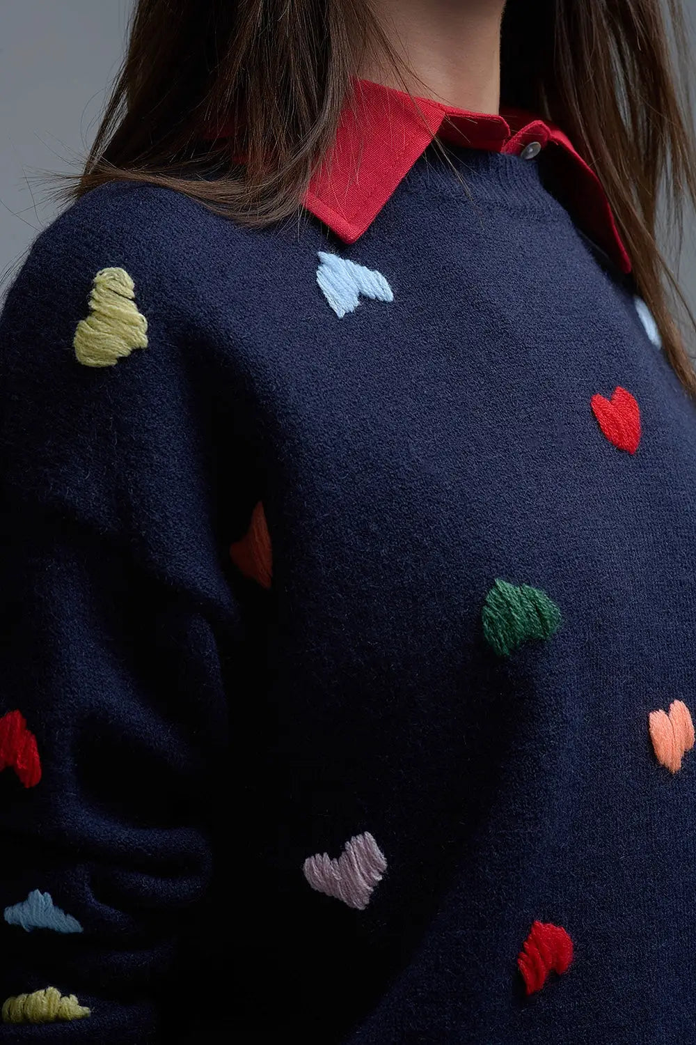 Navy Crew neck Sweater With Multicolor Embroidered Hearts - NAVY / ONE - Sweaters