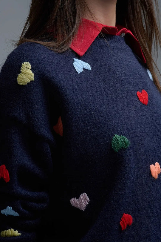 Navy Crew neck Sweater With Multicolor Embroidered Hearts - NAVY / ONE - Sweaters