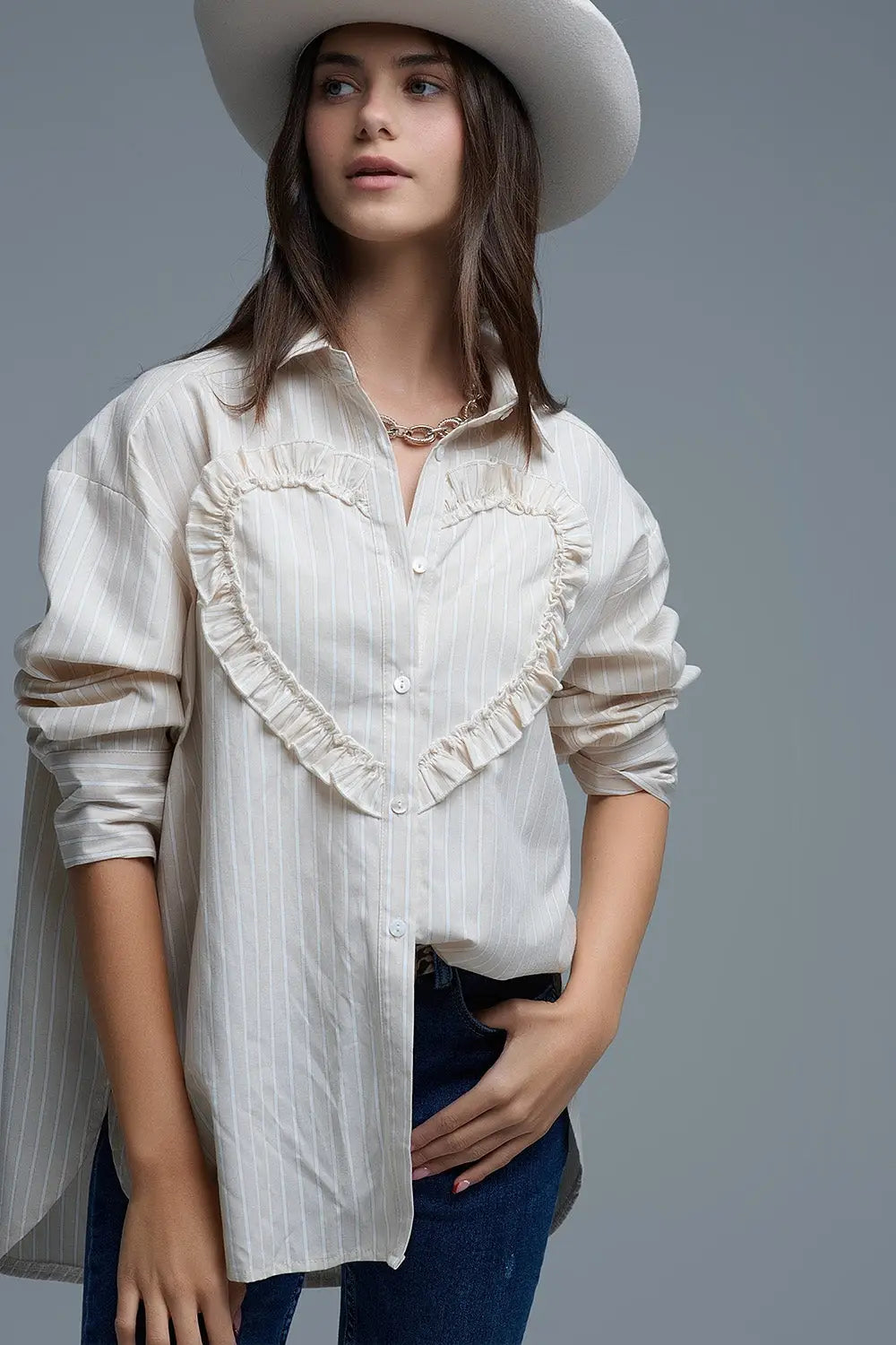 Beige Relaxed Striped Shirt With Heart Seam Detail - Shirts