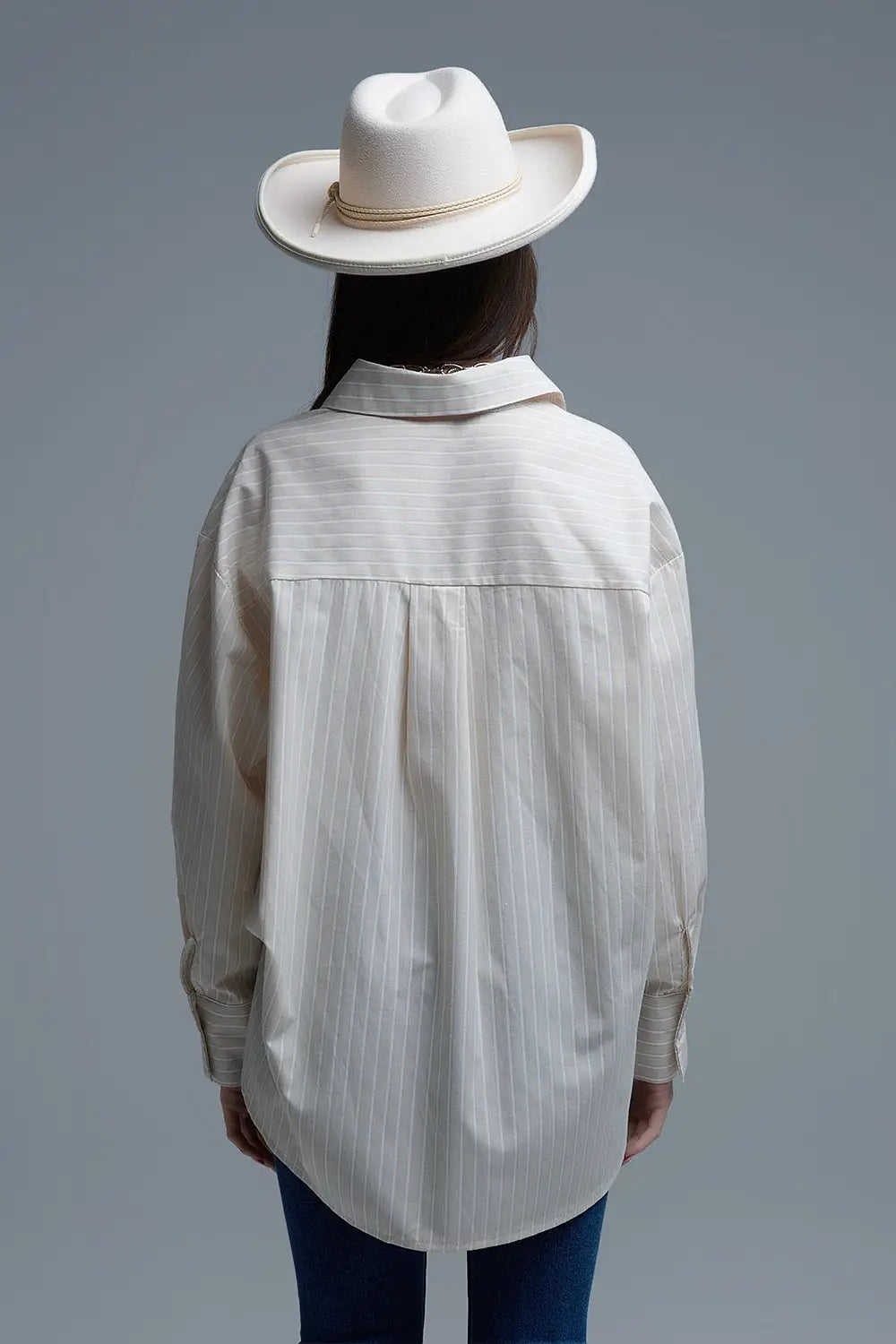 Beige Relaxed Striped Shirt With Heart Seam Detail - Shirts