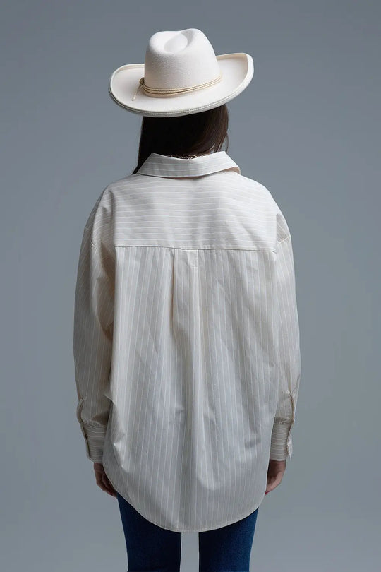 Beige Relaxed Striped Shirt With Heart Seam Detail - Shirts