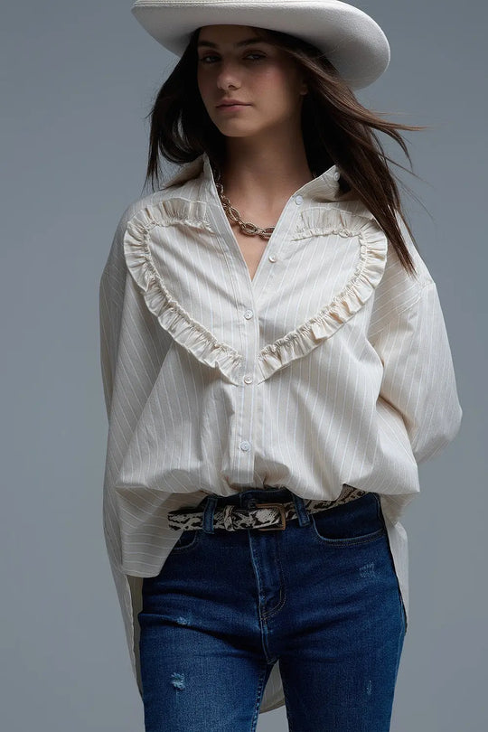 Beige Relaxed Striped Shirt With Heart Seam Detail - Shirts