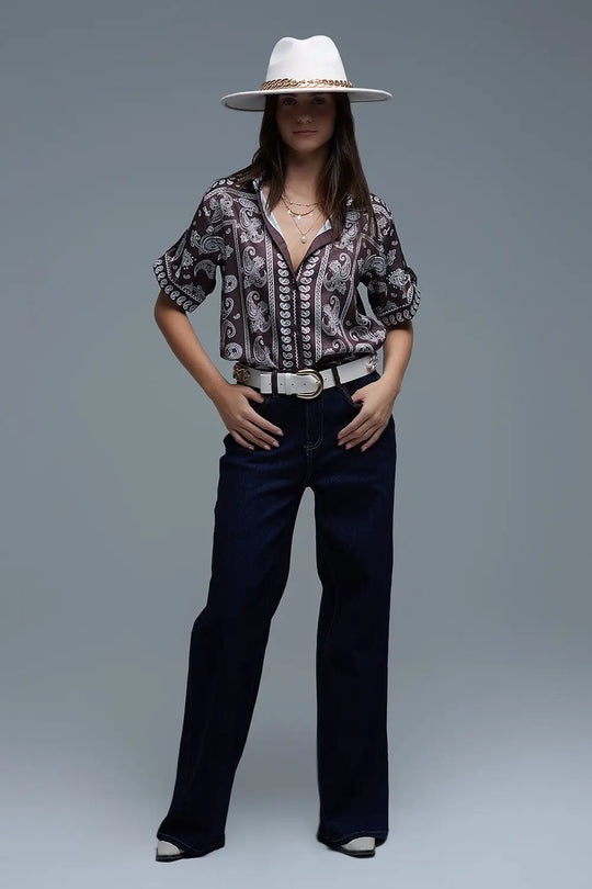 Short Sleeve Paisley Print Shirt in Brown - Shirts