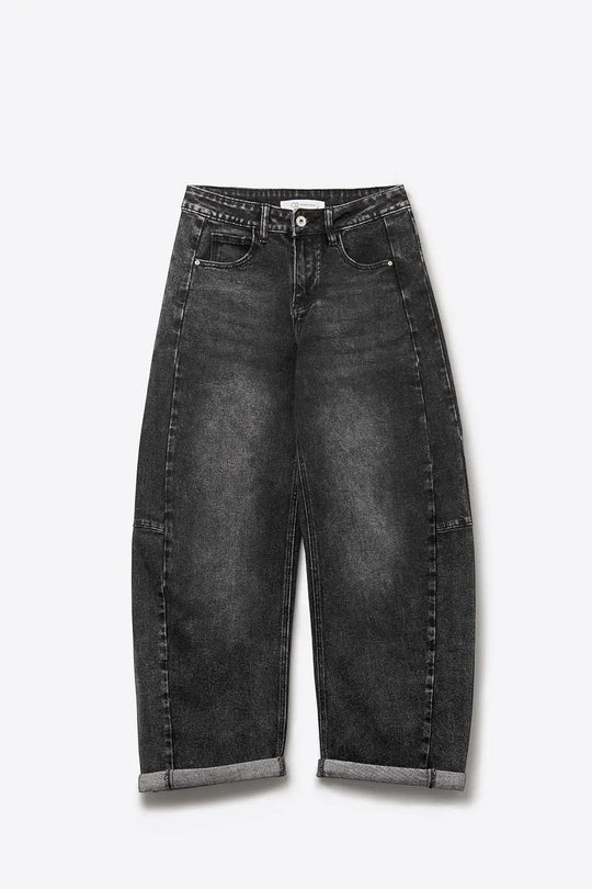 Washed Black Barrel Jeans With Seam Detail