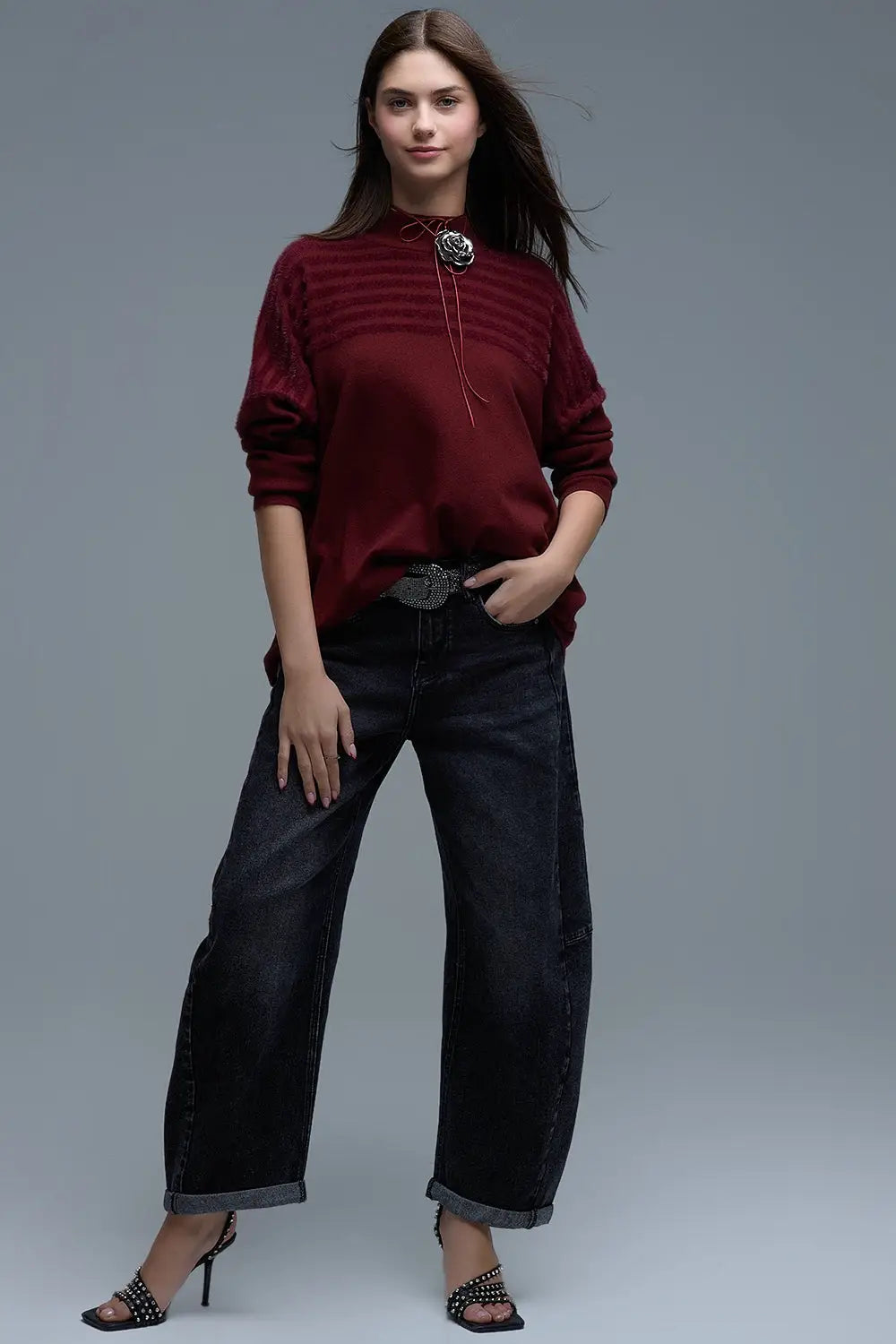 High Neck relaxed Sweater With Textured Stripes in Burgundy - RED / ONE - Sweaters