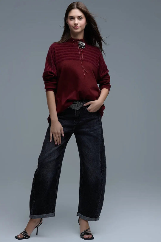 High Neck relaxed Sweater With Textured Stripes in Burgundy - RED / ONE - Sweaters