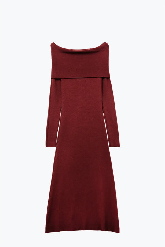 Maxi Knitted wide Bardot Dress in burgundy - RED / ONE - Dresses