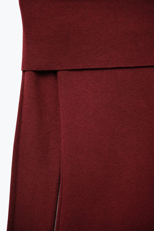 Maxi Knitted wide Bardot Dress in burgundy - RED / ONE - Dresses