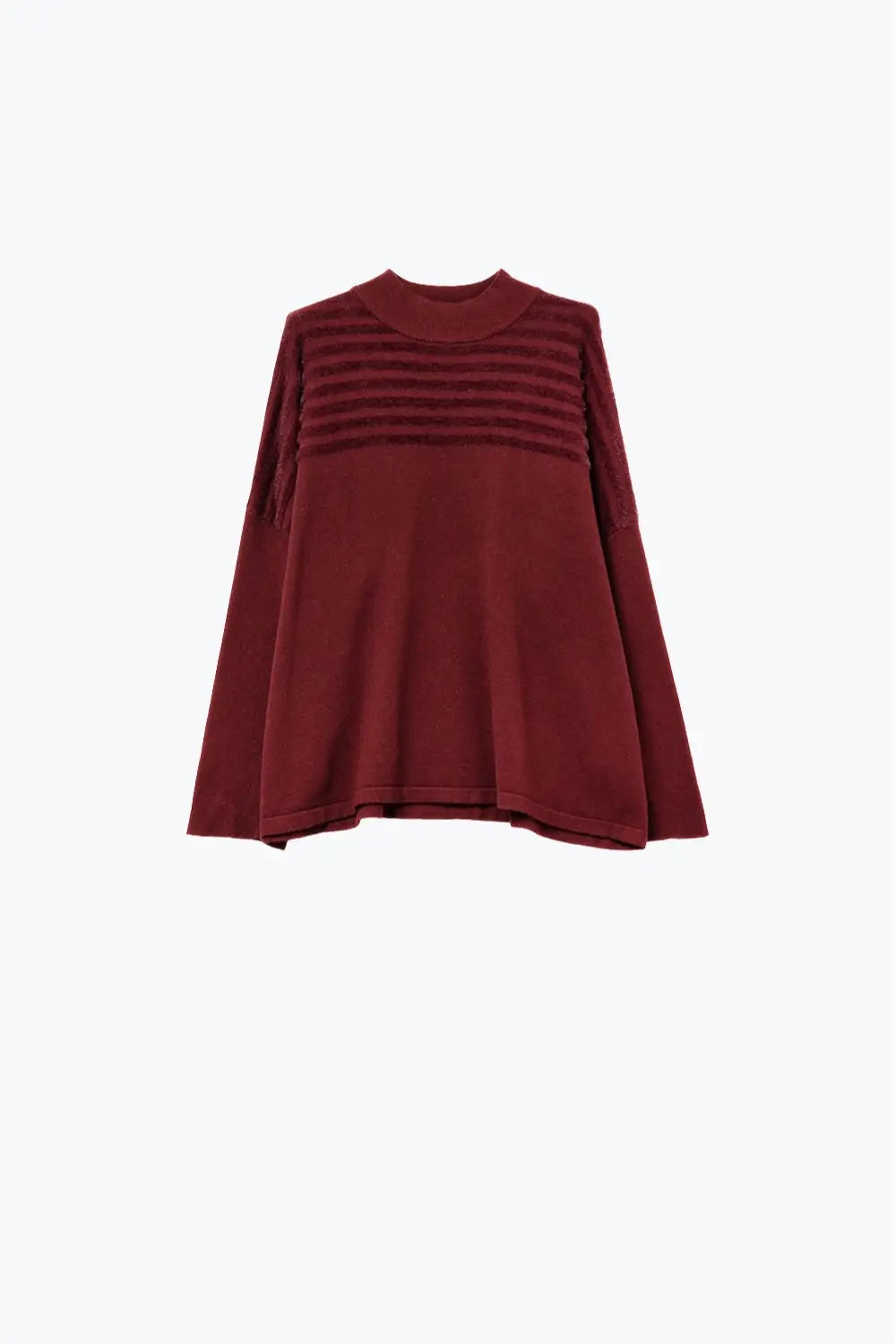 High Neck relaxed Sweater With Textured Stripes in Burgundy - RED / ONE - Sweaters