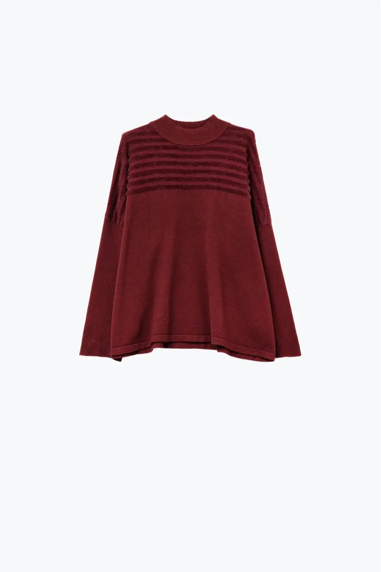 High Neck relaxed Sweater With Textured Stripes in Burgundy - RED / ONE - Sweaters