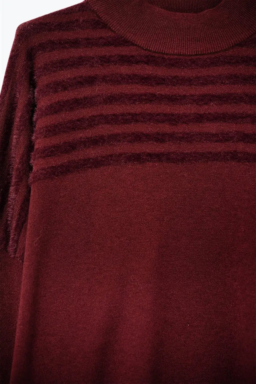 High Neck relaxed Sweater With Textured Stripes in Burgundy - RED / ONE - Sweaters