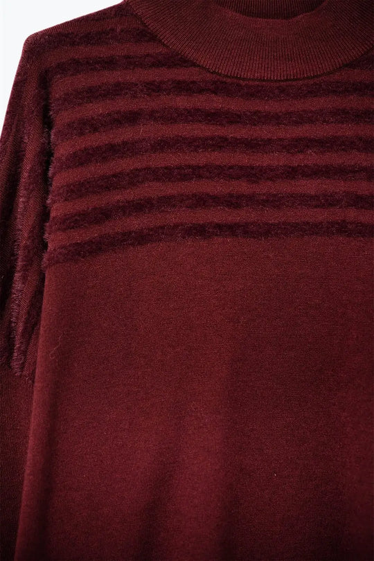 High Neck relaxed Sweater With Textured Stripes in Burgundy - RED / ONE - Sweaters