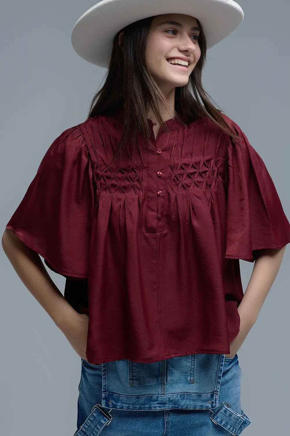 Relaxed wine-colored boho-style blouse with embroidered details - Shirts