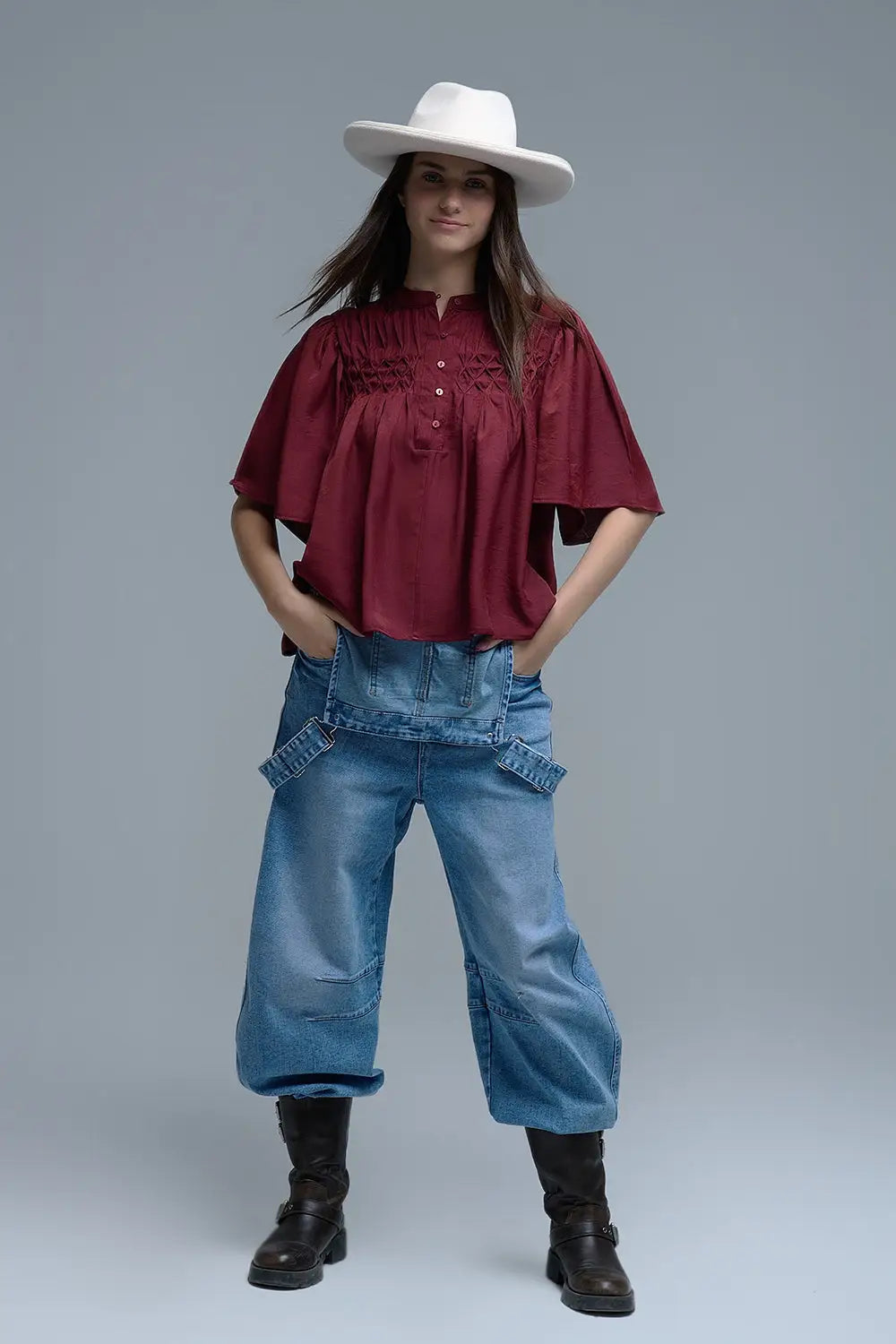 Relaxed wine-colored boho-style blouse with embroidered details - Shirts
