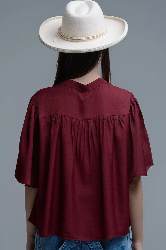 Relaxed wine-colored boho-style blouse with embroidered details - Shirts