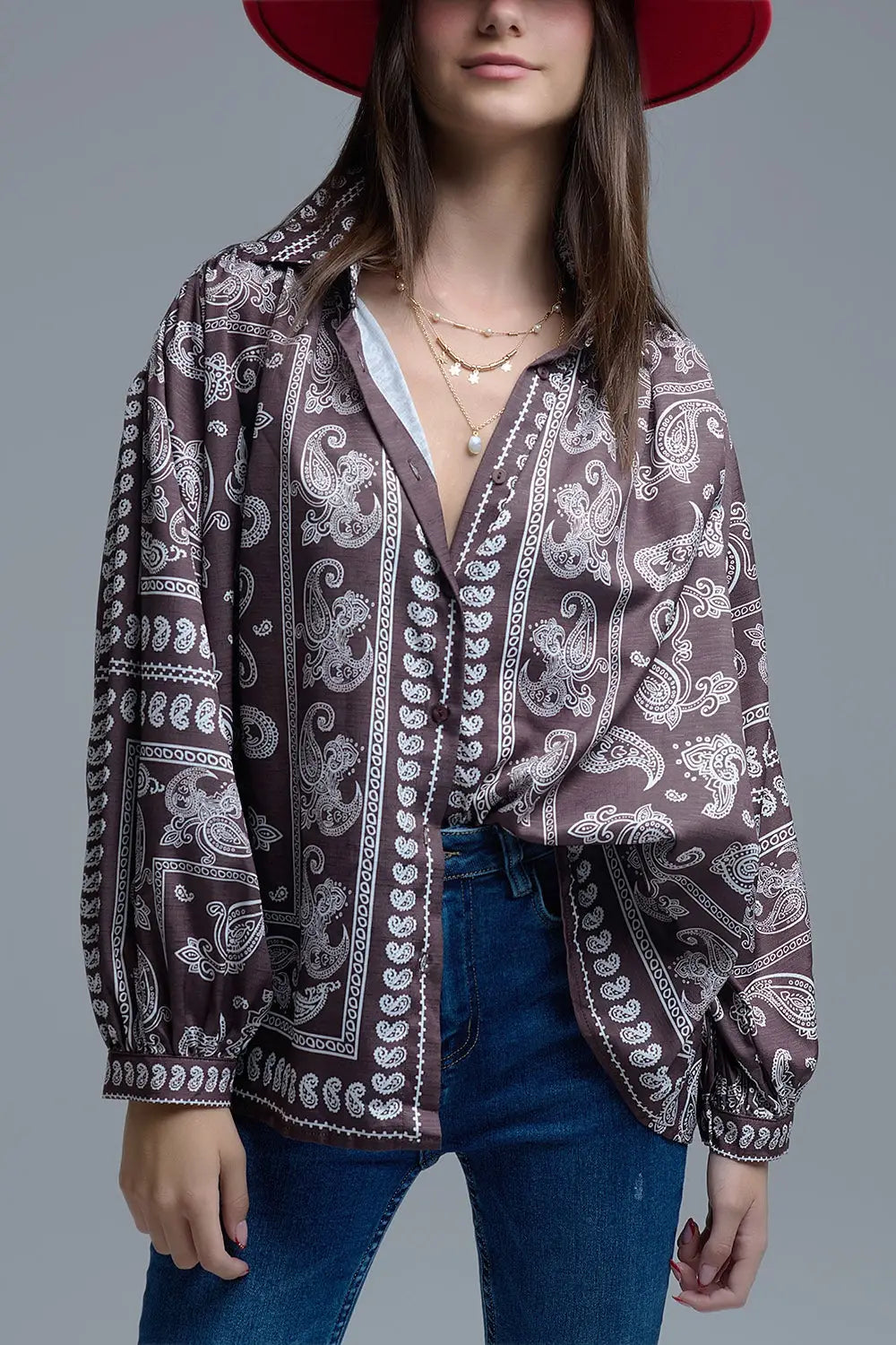 Brown Paisley Shirt With Voluminous Sleeves - Shirts