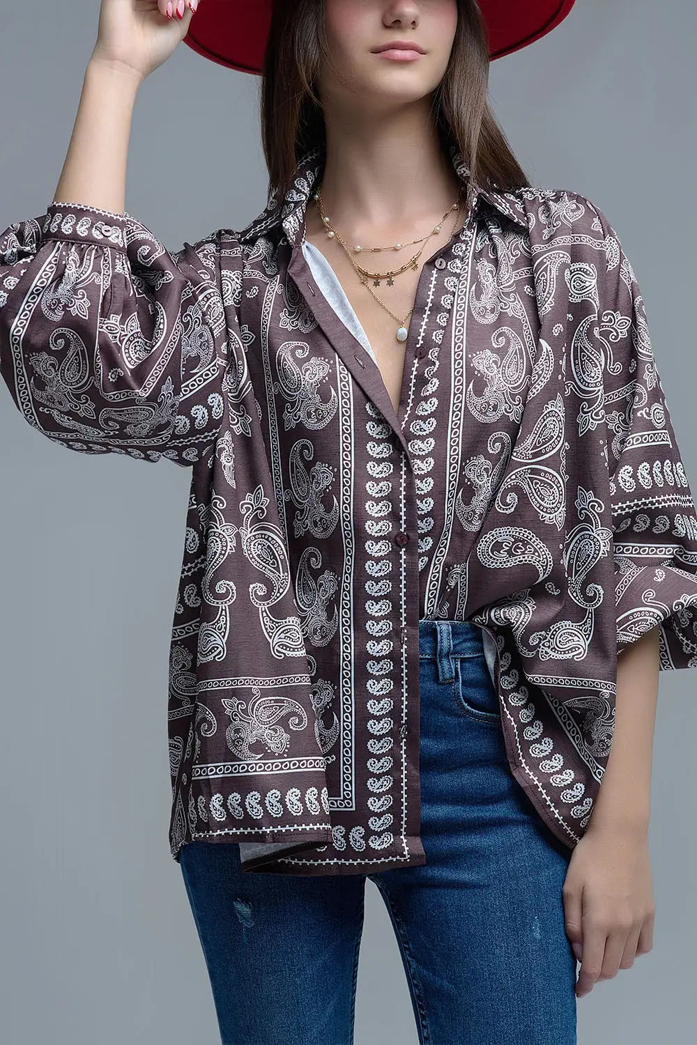 Brown Paisley Shirt With Voluminous Sleeves - Shirts