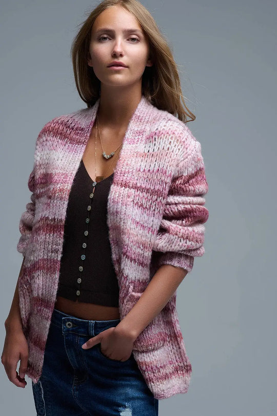 Oversized mottled striped long cardigan with pockets in Pink - PINK / ONE - Cardigans